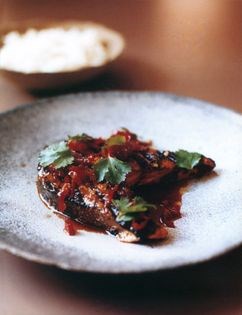 Grilled salmon steak with ginger chilli glaze and sticky rice
