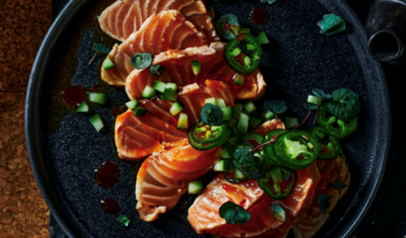 Grilled salmon tataki with lime and jalapeño ponzu
