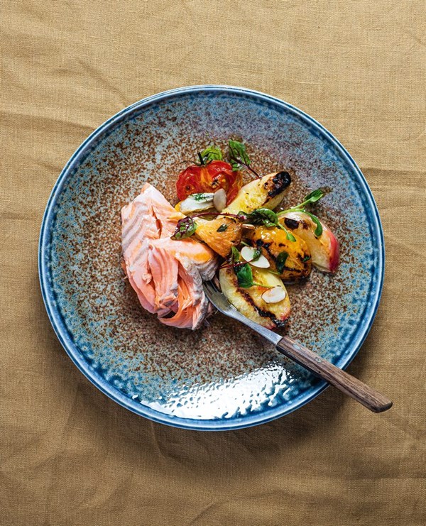 Grilled salmon with a warm salad of nectarines & apricots