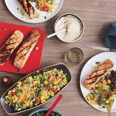 Grilled salmon with black beans and piment d'Espelette mayonnaise