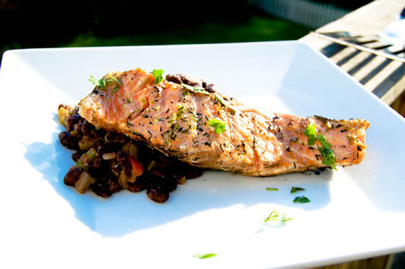 Grilled salmon with black beans