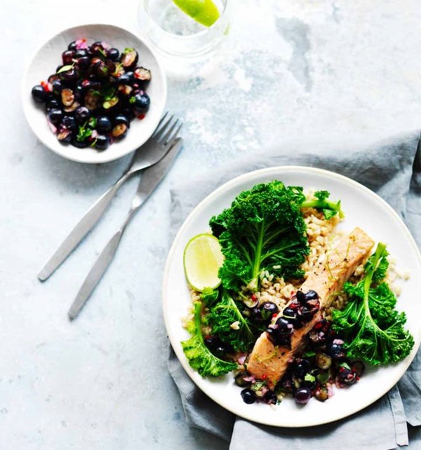 Grilled salmon with blueberry-lime salsa