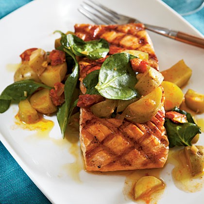 Grilled salmon with chorizo and fingerlings