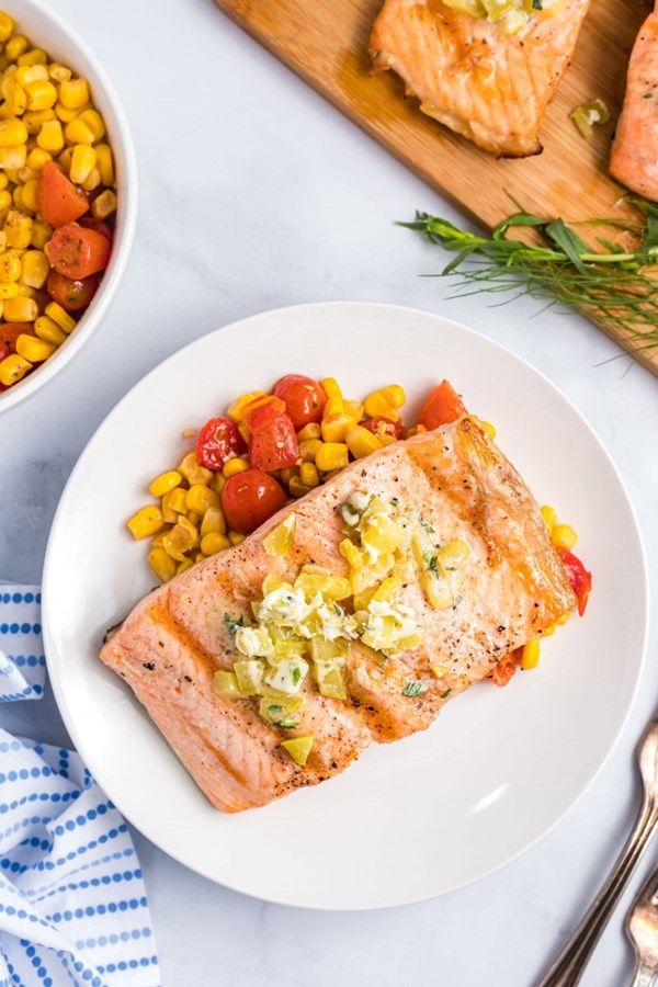 Grilled salmon with dill pickle butter