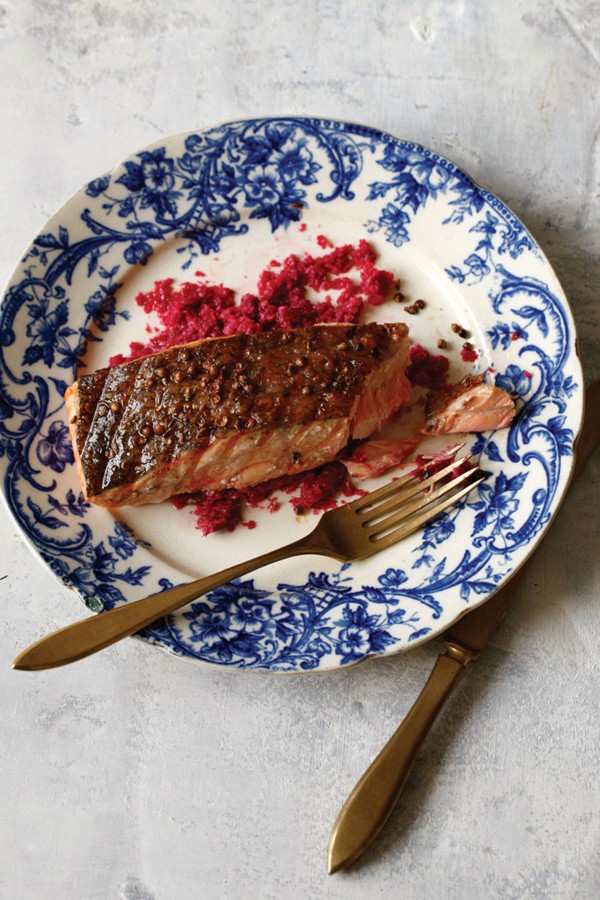 Grilled salmon with horseradish and pickled beet sauce (Lachs) recipe