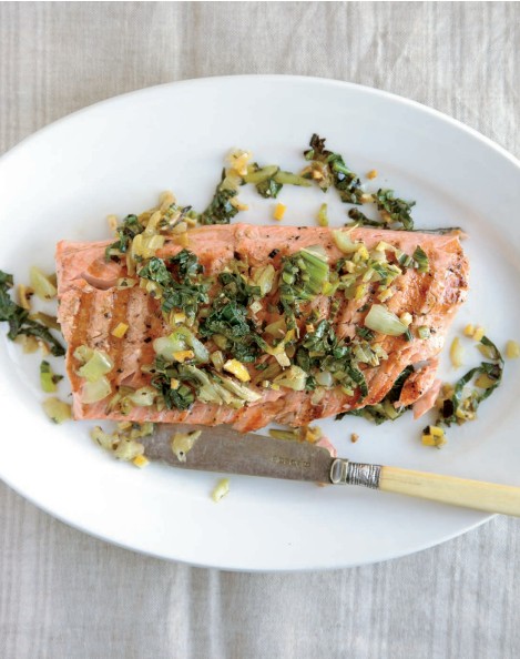 Grilled salmon with lemon-jalapeño bok choy relish