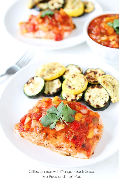 Grilled salmon with mango peach salsa