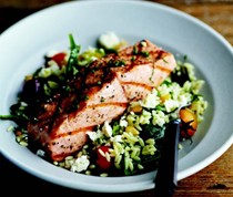Grilled salmon with orzo, feta, and red wine vinaigrette