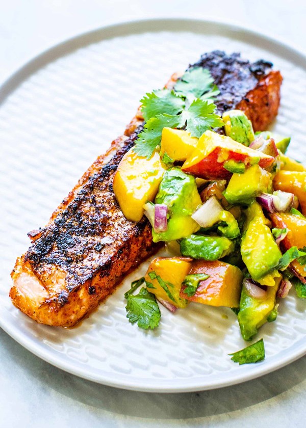 Grilled salmon with peach salsa