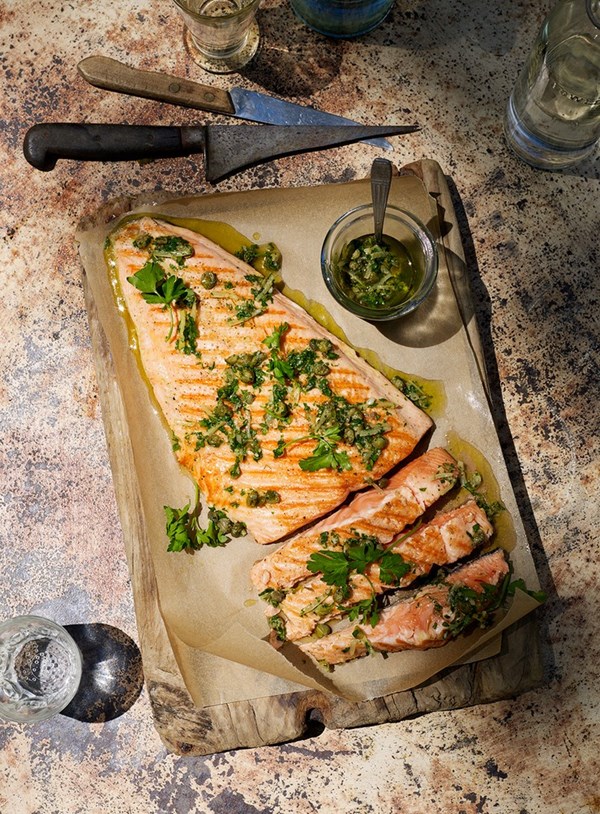 Grilled salmon with preserved lemon and caper dressing