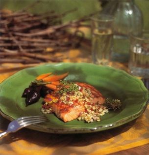 Grilled salmon with roasted white corn salsa and warm basil cream