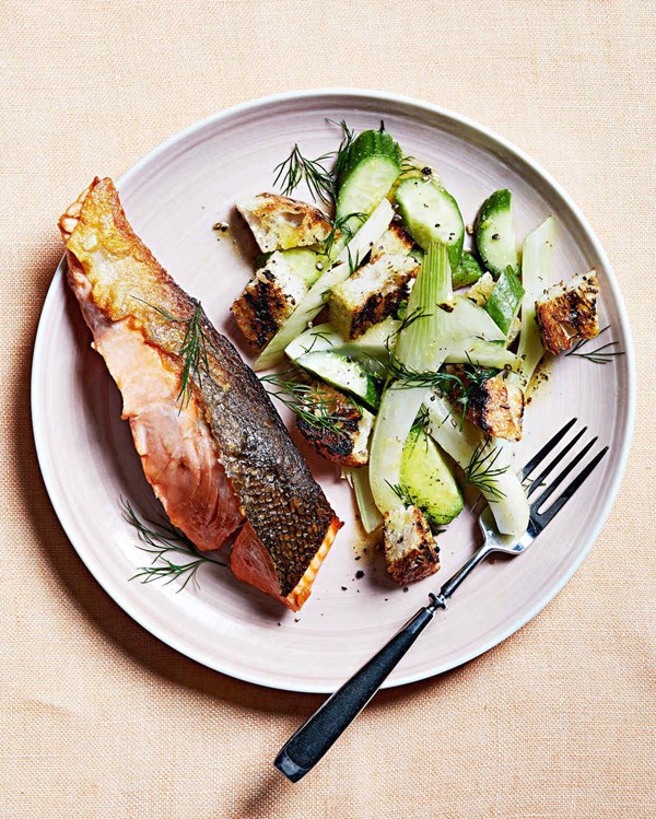 Grilled salmon with rye panzanella