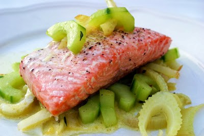 Grilled salmon with sauted cucumber and fennel