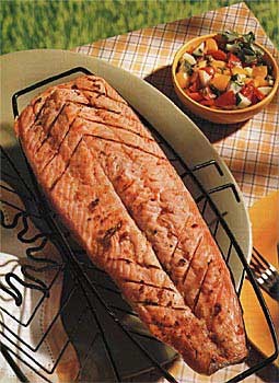 Grilled salmon with tomato, cucumber and caper salsa