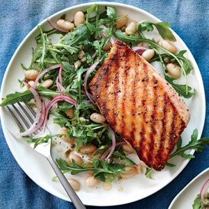 Grilled salmon with white bean and arugula salad