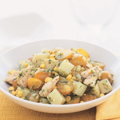 Grilled salmon, yellow potato & corn salad
