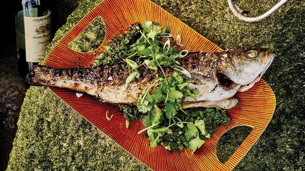Grilled salt-and-pepper black bass with curry verde