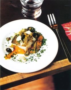 Grilled salt cod with marinated garlic and pickles (Bacaloa con boniate y encurtidos)