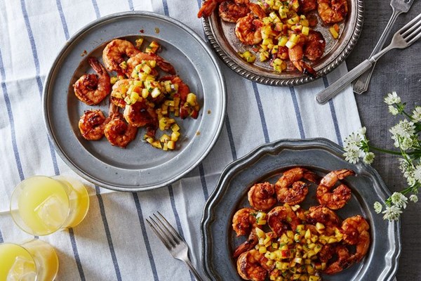 Grilled sambal shrimp with peach salsa