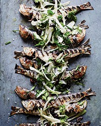 Grilled sardines with herbed fennel-and-olive salad