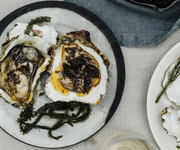 Grilled Satellite Island oysters with seaweed butter