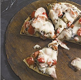 Grilled sausage and eggplant Parmigiano pizza