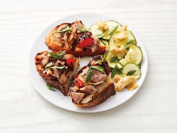 Grilled sausage and mushroom toasts