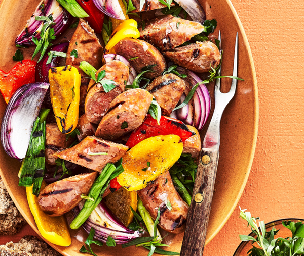 Grilled sausage, peppers & onions with herb vinaigrette