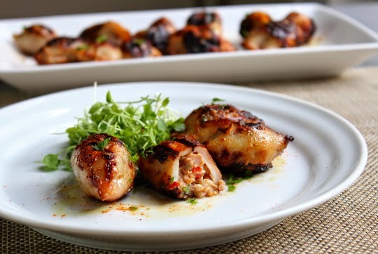 Grilled sausage-stuffed calamari