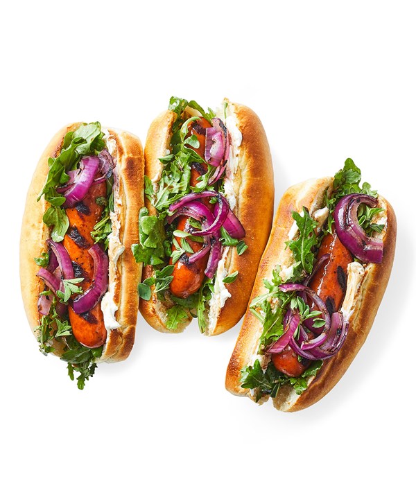 Grilled sausages with balsamic onions