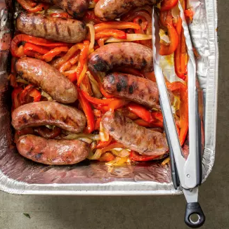 Grilled sausages with bell peppers and onions