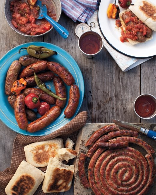 Grilled sausages with charred tomato relish