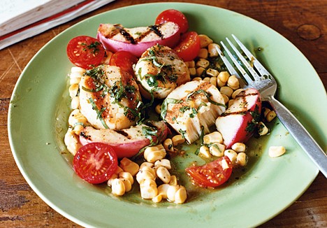 Grilled scallops and nectarines with corn and tomato salad