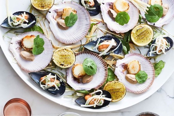 Grilled scallops, broad bean ful, mussels and kohlrabi [Roy Ner]