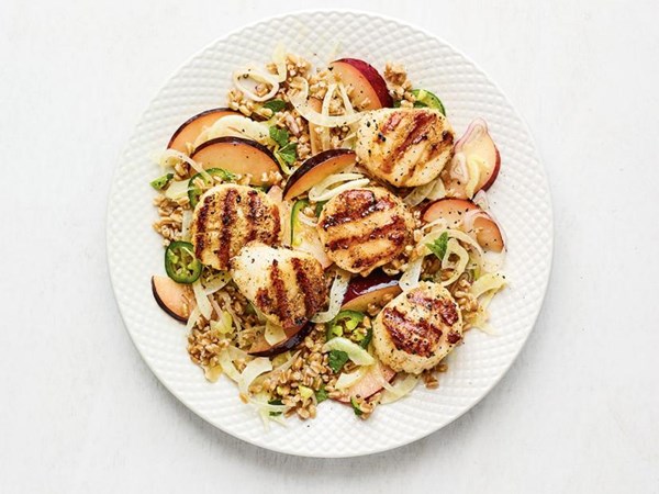 Grilled scallops with farro and plum salad