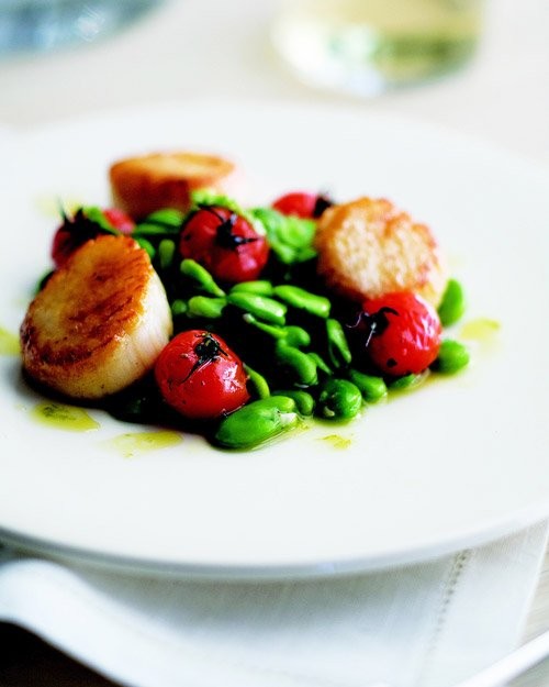 Grilled scallops with fava beans and roasted tomatoes recipe | Eat Your ...