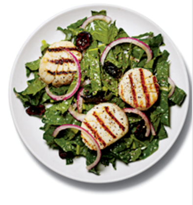 Grilled scallops with kale and olives