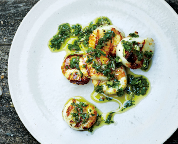 Grilled scallops with lemony salsa verde