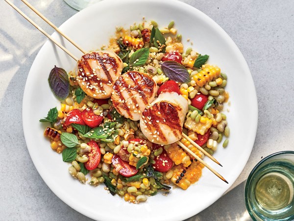 Grilled scallops with miso-corn salad