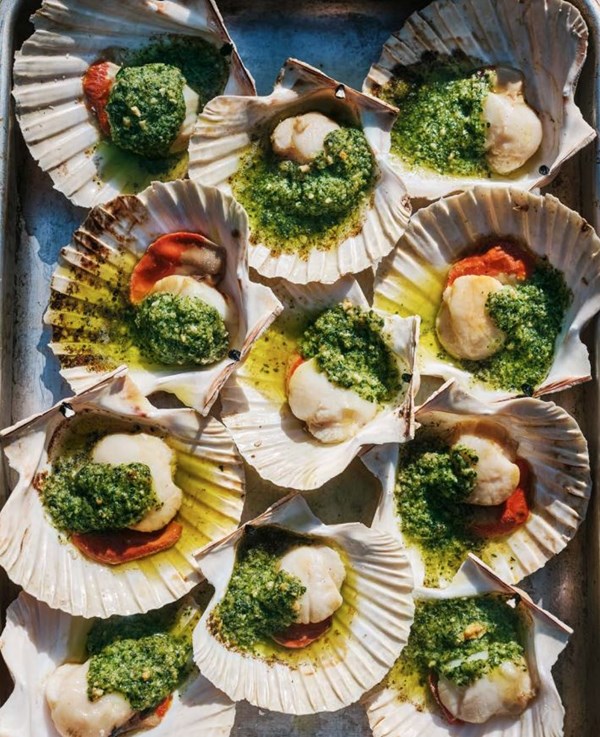 Grilled scallops with parsley & hazelnut butter (Capesante alla griglia con burro al prezzemolo e nocciole)