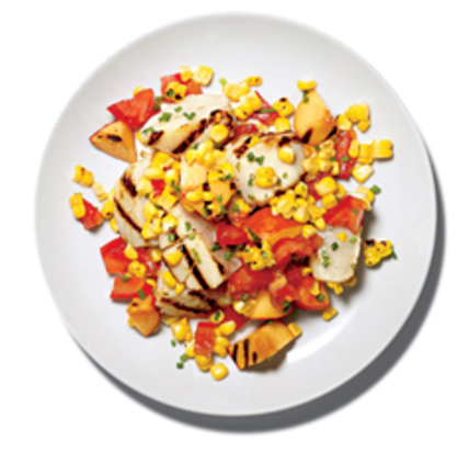 Grilled scallops with peaches and corn