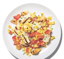 Grilled scallops with peaches, corn and tomatoes