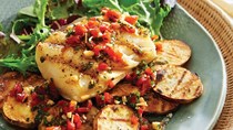 Grilled sea bass and potatoes with pimento-chive dressing
