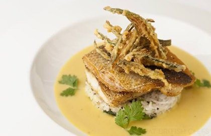 Grilled sea bass, crisp okra fingers, coconut rice and dhal sauce
