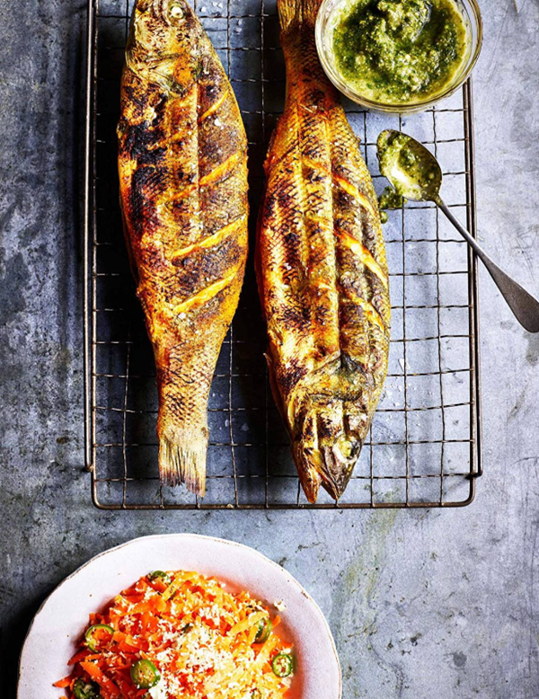 Grilled sea bass with green chilli & coriander sauce