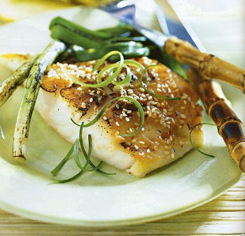 Grilled sea bass with miso-mustard sauce