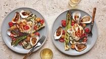 Grilled sea bass with roasted oysters