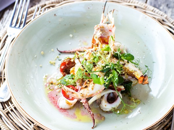 Grilled seafood salad with lemon & pecorino crumb