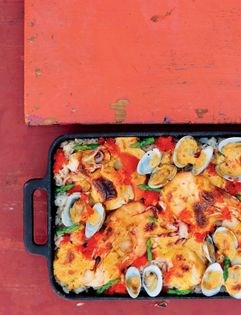 Grilled seafood sushi with a spicy chifa sauce