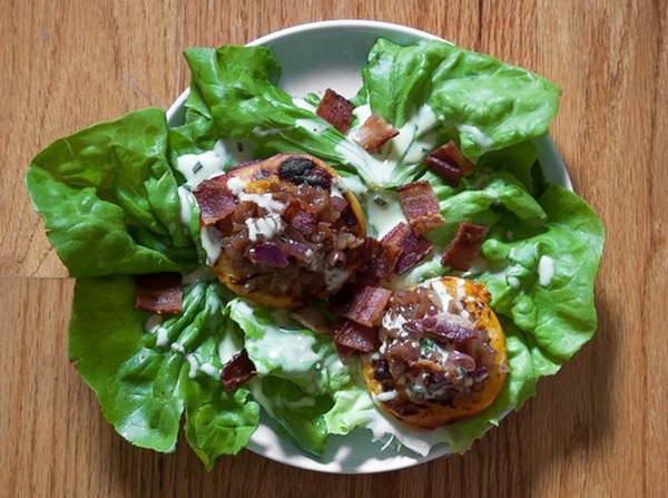 Grilled shallot-stuffed peaches with bacon and buttermilk dressing